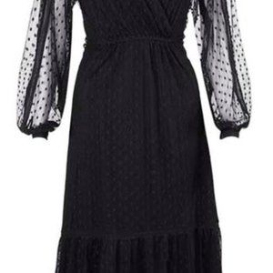 Black Dot Mesh Empire-Waist Surplice Dress & Slip